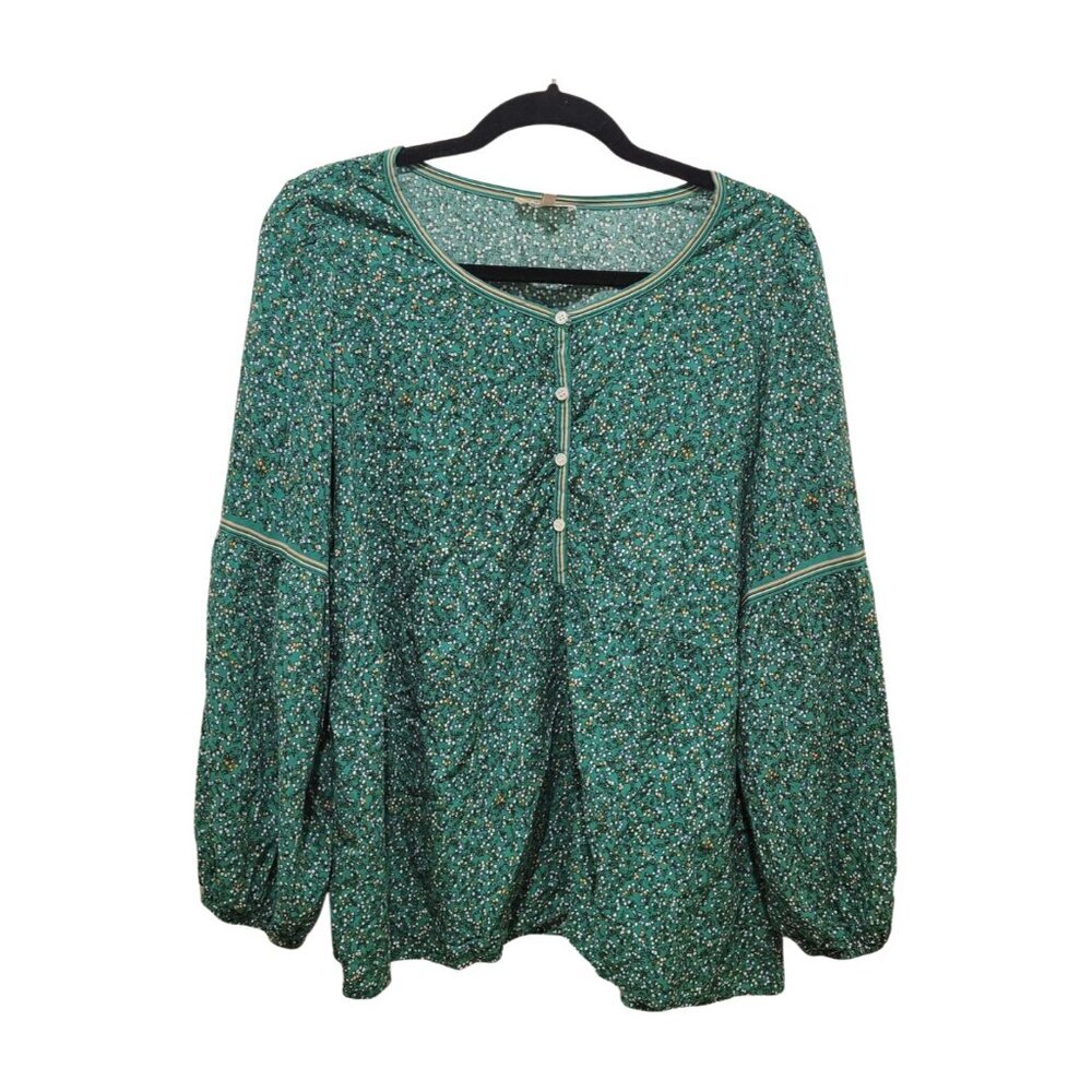 MAX STUDIO Plus 2X Elastic Sleeves Cherry Print Flowy Tunic Top Green Multi